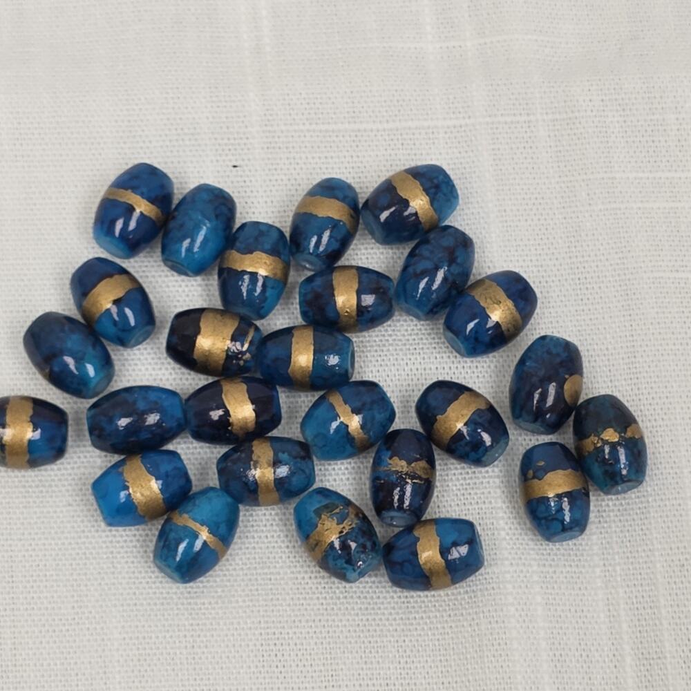Blue Oval Barrel Beads Gold Band Loose Spacer Beads Jewelry Making Lot of 21